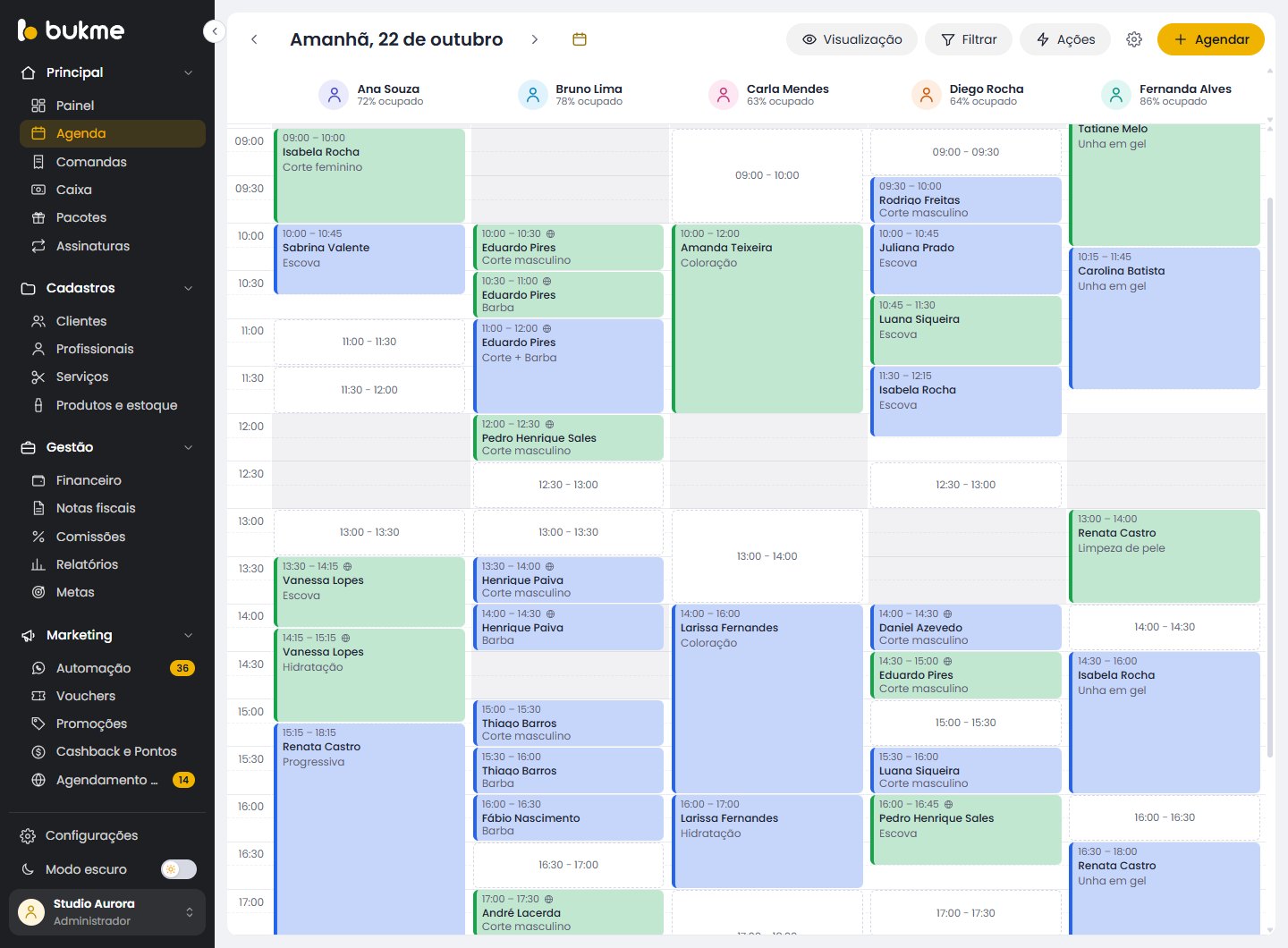Agenda do dia com os profissionais lado a lado e os horários marcados de cada um
